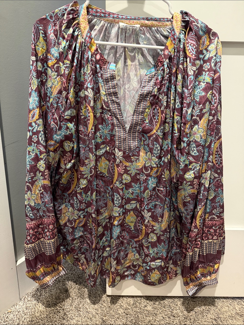 AVARA Woven Floral Peasant Blouse - Burgundy Multi